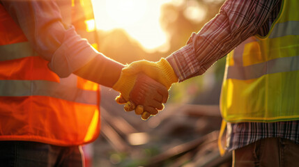 Two construction workers in safety gear engaging in a firm handshake