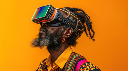 An African man with dreadlocks wearing traditional attire and futuristic glasses, showcasing the perfect blend of tradition with technology. Afrofuturism concept
