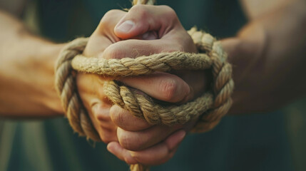 close-up of a person's hands tightly bound with a thick rope