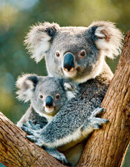 Obraz premium Koala (Phascolarctos cinereus) in a tree with her baby.