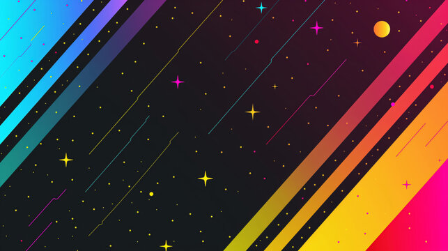 diagonal multicolored stripes with scattered stars and a singular planet, creating a dynamic cosmic scene. - Powered by Adobe