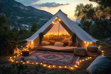Luxury glamping camping tent with cozy accessories, light garlands and beautiful landscape at sunset. Glamping by night poster. Colorful lights and garlands. - obrazy, fototapety, plakaty