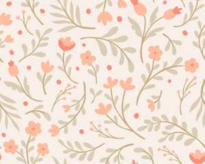 Vector seamless floral pattern. Cute background with botanical elements. - 756676307
