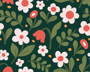 Vector seamless floral pattern. Cute background with botanical elements. - 756676352