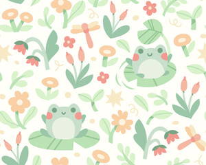 Cute vector seamless pattern with frogs and floral elements. Cartoon beautiful background.