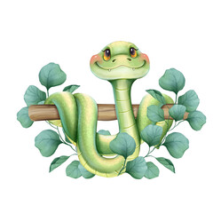 Snake and leaves. Cute serpent floral illustration . - 756676378
