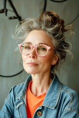 Stylish middle-aged woman with wavy silver hair and shabby pink glasses wearing a denim jacket and orange t-shirt