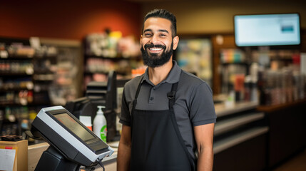A smiling male cashier in a retail grocery store stands at the checkout counter with a point-of-sale system, dressed in a uniform with an apron and suspenders, ready to assist customers.