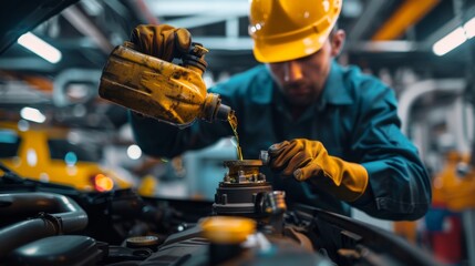 Professional mechanic diligently refilling car fluids in a modern workshop