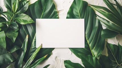 A delightful mockup scenario materializes, presenting a blank greeting card laid out on a white table amidst a backdrop of lush green leaves