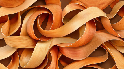 An artistic close-up of intertwined wooden ribbons in varying shades of warm browns and tans, creating a fluid and natural abstract pattern.