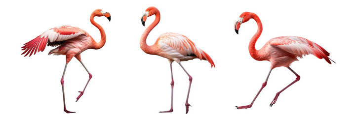 Collection of flamingoes isolated on transparent or white background