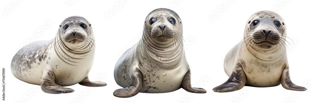 Wall mural collection of funny common seal isolated on transparent or white background