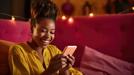 Smiling woman is looking at her smartphone while sitting comfortably in a cozy bedroom