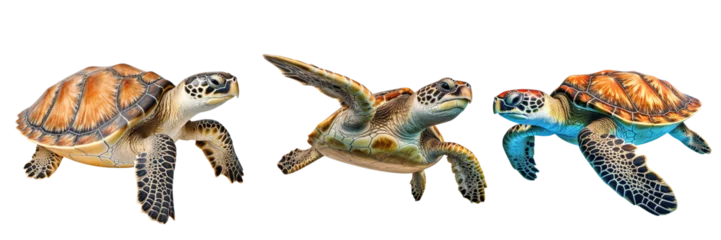 Foto op Plexiglas Collection of sea turtles swimming isolated on transparent or white background © Luckyphotos