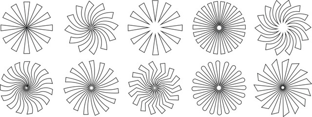 Sunburst element radial stripes or sunburst backgrounds icons set. Collection of rays design. Retro stars black vector isolated on transparent. Editable stock line geometric sunburst symbol.
