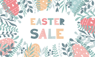Easter Sale Festive Background. Poster flyer banner template for discount offer design. Scandinavian style spring illustration. Abstract plant and colorful eggs cute card