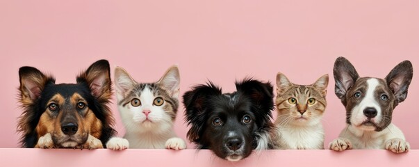 The picture of front view and close up of the multiple group of the various cat and dog in front of...