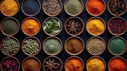 spice background, top view. seasoning in cups. - obrazy, fototapety, plakaty