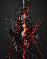 a black background with wires and lighted tubes in the shape of an abstract sculpture, dark orange and red,