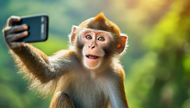Monkey taking a selfie with a smartphone