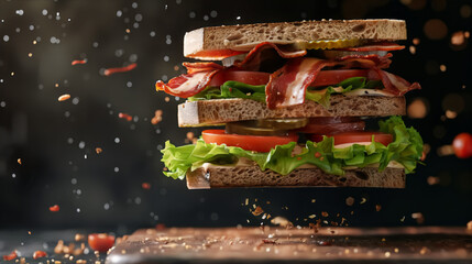 A mouth-watering BLT sandwich with crispy bacon, fresh lettuce, and ripe tomato slices, caught in a magical moment with crumbs scattering.