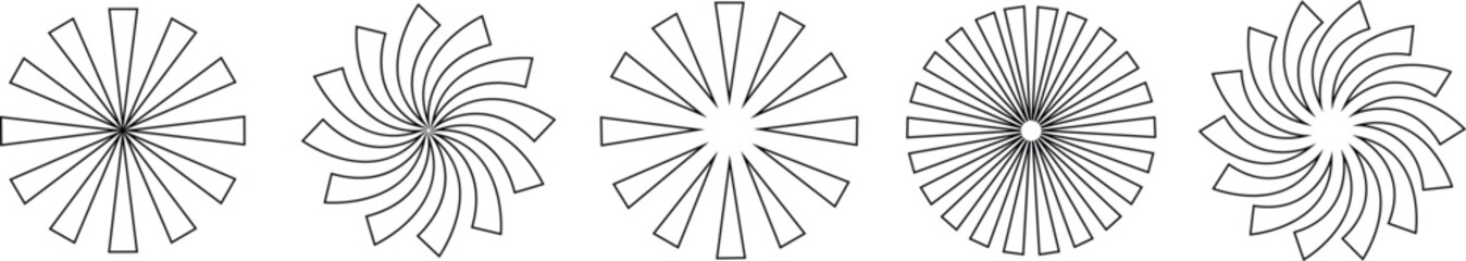 Obraz premium Sunburst element radial stripes or sunburst backgrounds icons set. Collection of rays design. Retro stars black vector isolated on transparent. Editable stock line geometric sunburst symbol.