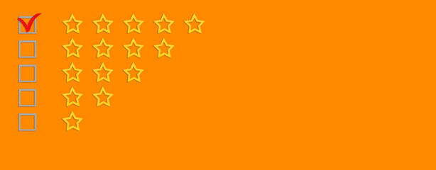 Gold, gray five stars shape on a orange background. The best excellent business services rating customer experience concept. Increase rating or ranking, evaluation and classification idea. Banner.
