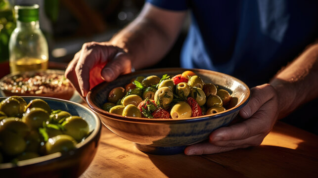 Person's hands are seen serving a bowl of mixed green and black olives with herbs and sun-dried tomatoes