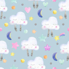 Hand-drawn watercolor seamless pattern with cute clouds, stars on a gray background.