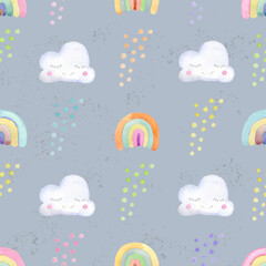 Hand-drawn watercolor seamless pattern with cute clouds, stars on a gray background. - 756678917