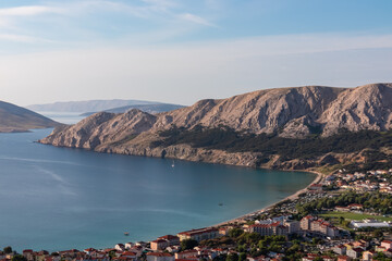 Panoramic aerial view of idyllic coastal town Baska, Krk Island, Primorje-Gorski Kotar, Croatia,...