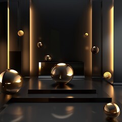 A black background with golden abstract shapes in a geometric design, rendered in the style of cinema4d