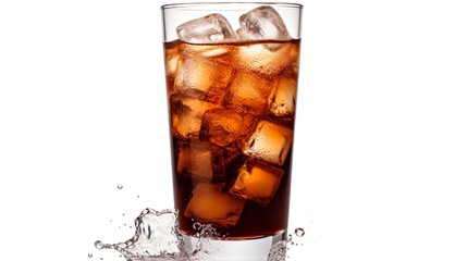 Cola in glass with clear ice cubes cool soda background in summer