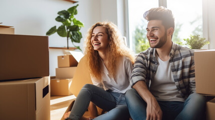 Obraz premium Cheerful young couple is surrounded by cardboard boxes, symbolizing a move to a new home