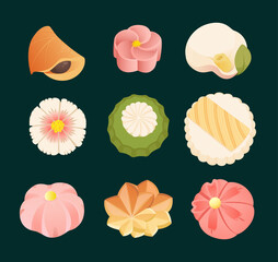 Vector set of Japanese pastry, wagashi, traditional sweet, Asian pastry vector illustration.