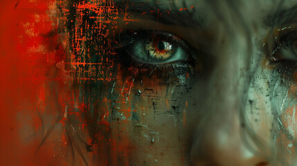 a woman's face with red eyes