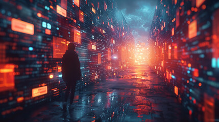 a woman walking through a dark tunnel with many digital lights - obrazy, fototapety, plakaty