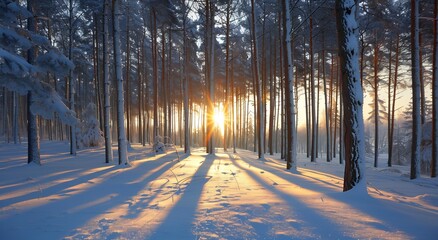 A beautiful winter sunset in the forest with tall trees covered in snow, illuminated by sunlight