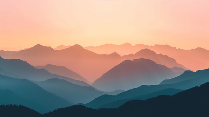 Panorama of mountain silhouettes in the haze. Soft pastel colors.