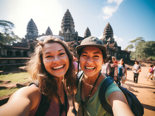 Happy female tourist taking a selfie with the backdrop of Angkor Wat, Wonders of the World, Cambodia.