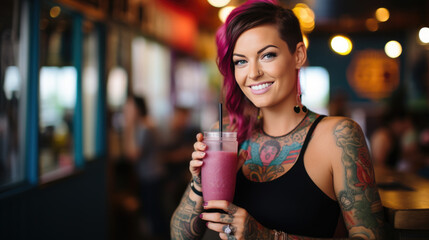 Smiling woman with tattoos, holding a smoothie - obrazy, fototapety, plakaty