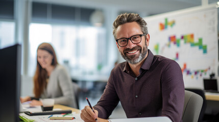 Smiling businessman sitting in front of team in the office during meeting