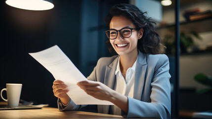 Woman at a desk in an office environment, attentively reading documents with a laptop open in front of her