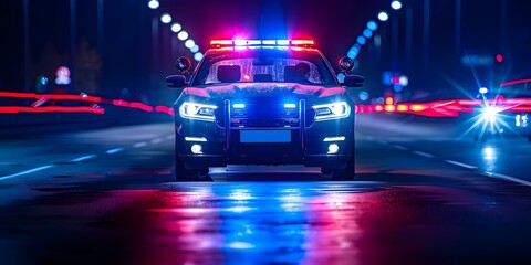 Police car lights flash in the darkness illuminating the night with urgency . Concept Emergency Services, Law Enforcement, Nighttime Scenes, Flashing Lights, Action and Drama