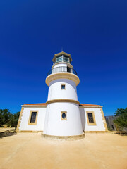 Gavdos Lighthouse, Crete island summer destination Greece. Under view of beacon monument.