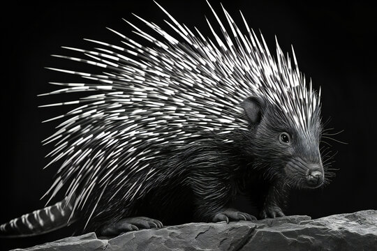 close up of a porcupine on a black background, hedgehog