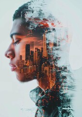 Double exposure profile of a young man blended with a vibrant urban skyline, depicting a concept of urban life and identity