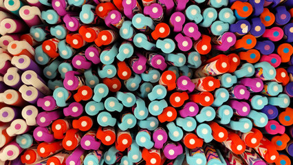 Abstract background of multicolored caps of plastic pens. A set of several liners, markers and...