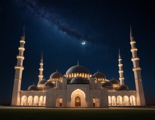 Fototapeta na wymiar A 3D render of a mosque under a starry night sky. The mosque is illuminated by the soft glow of the moon. There’s ample space in the sky for text